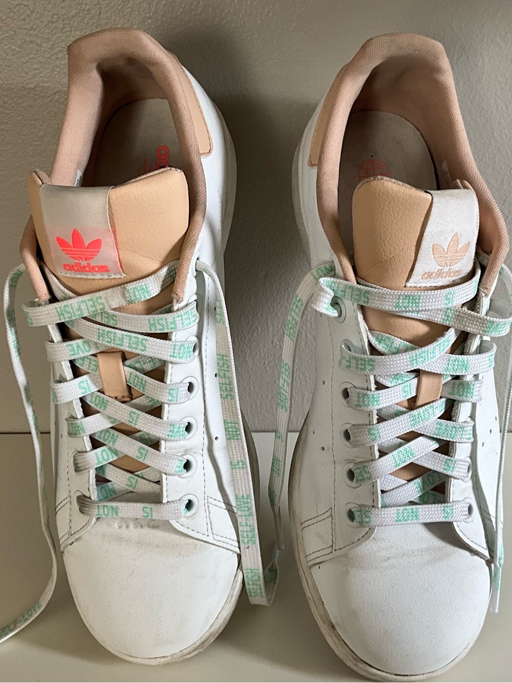adidas Women’s “Self-Love is not Selfish” Sneakers with Tan and Mint Accents